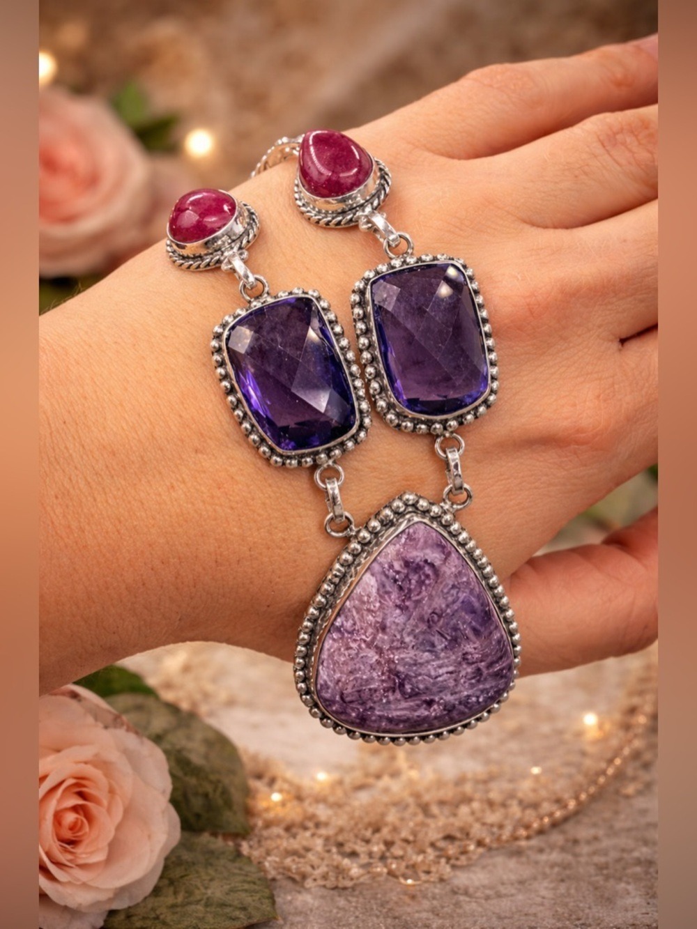 💜 Boho Artisan Sterling Silver 925 Statement Necklace • Lepidolite, Ruby & Glass - Picture 3 of 4